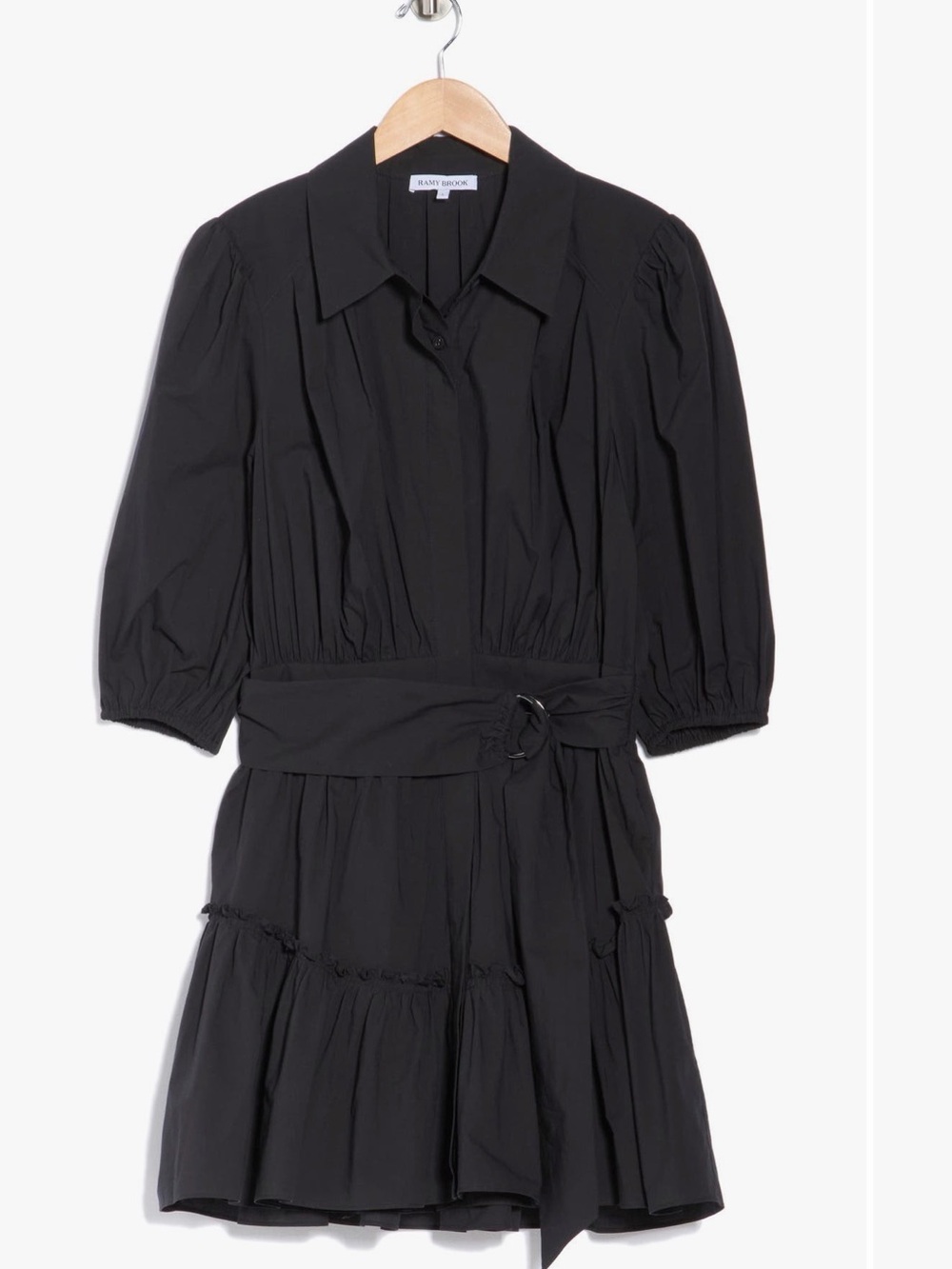 Ramy Brook Black Short Puff-Sleeve Belted Mini Dress